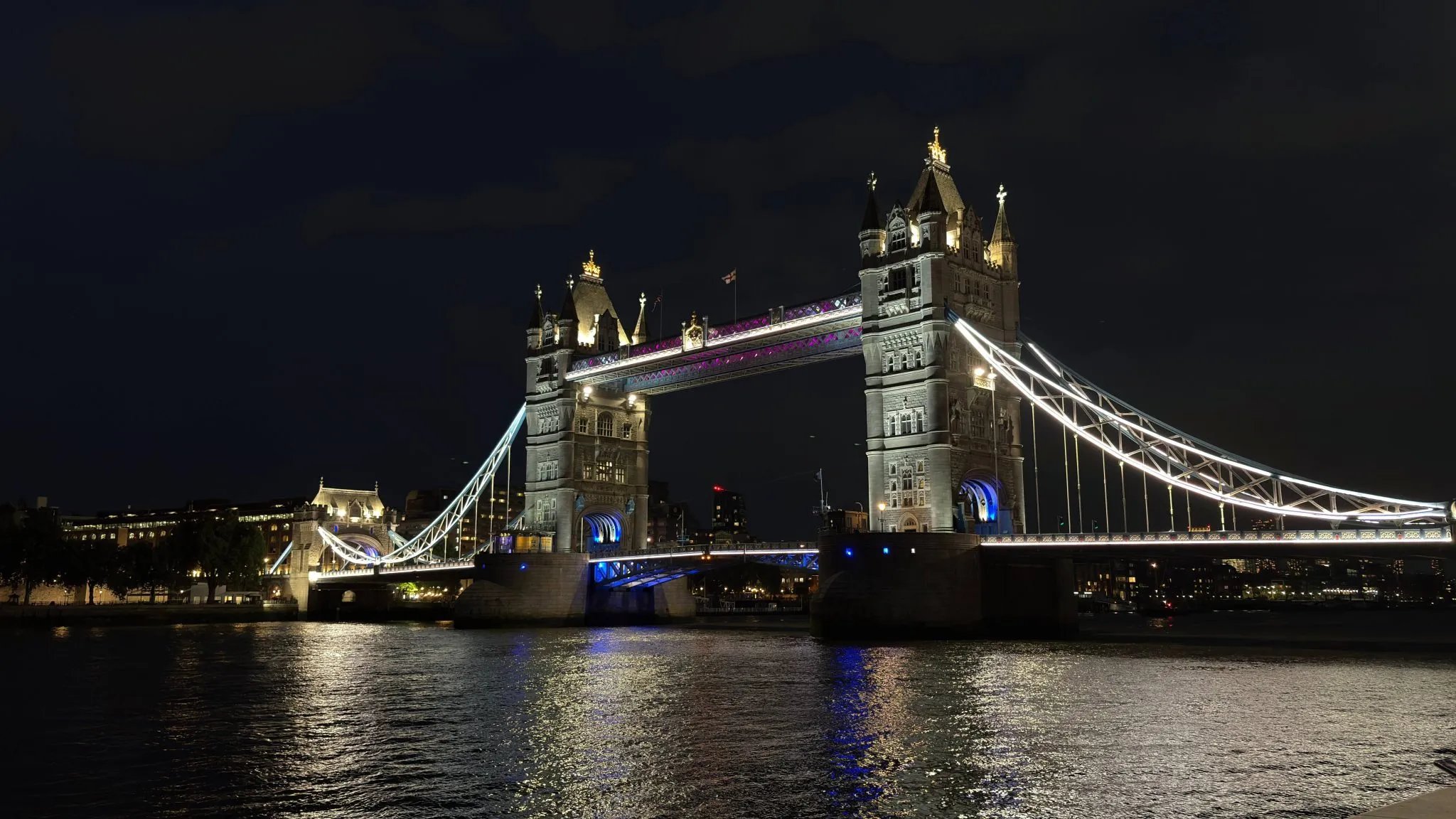 Tower Bridge over the River Thames, illuminated at night